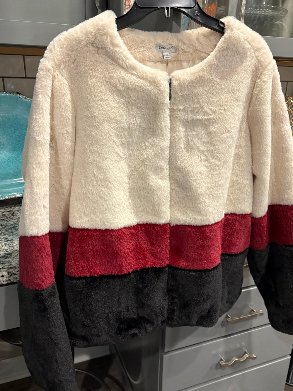 NWT Color-block Faux-Fur Jacket - Cream, Red & Black